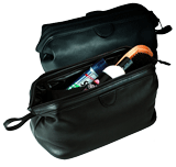 black leather traditional toiletry bag