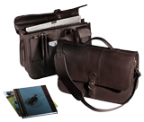 brown cowhide flapover brief bag