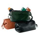 black tan and green leather toiletry bags