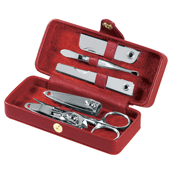 red leather framed manicure set