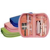 pink blue and green leather ladies' zippered travel grooming kit