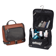 rust and black nylon and leather toiletry bags